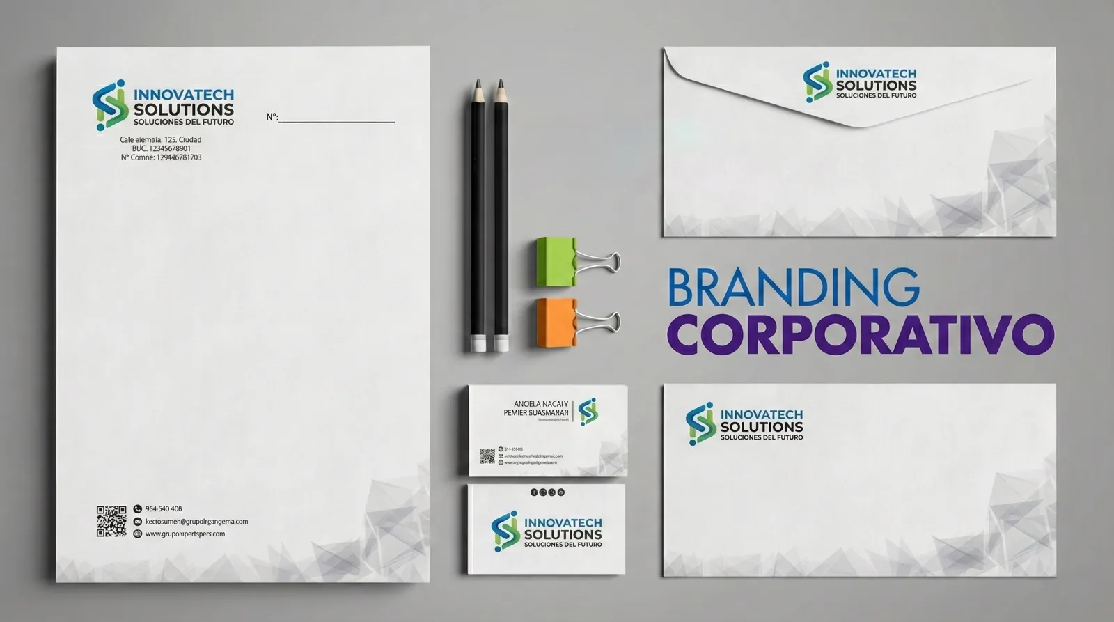 Papelería corporativa de un rebranding tecnológico