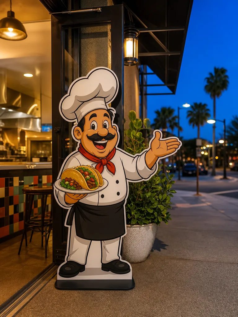 Figura de coroplast de un chef recibiendo clientes en la entrada de una taquería