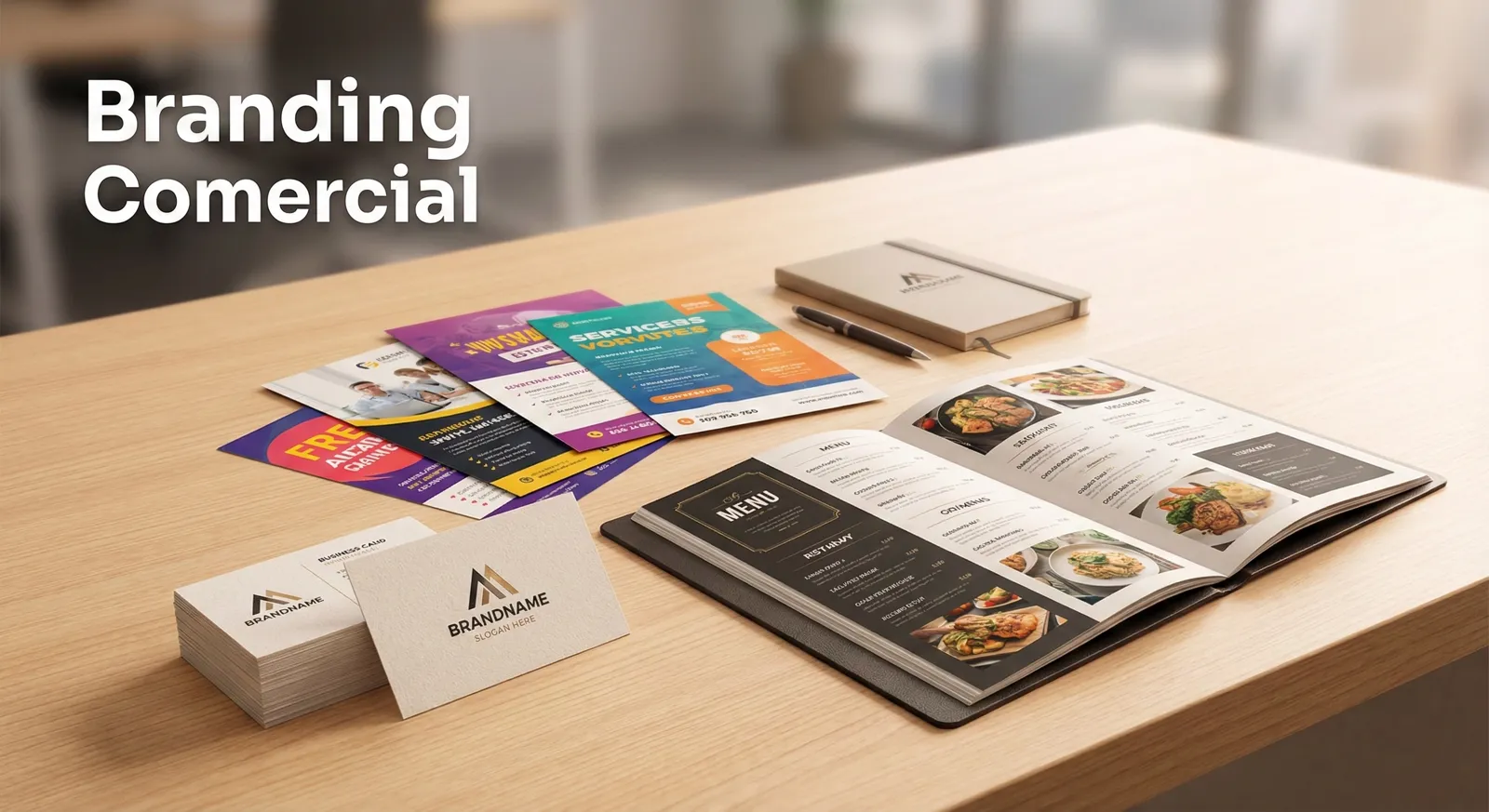 Folletos, menús y tarjetas de branding comercial